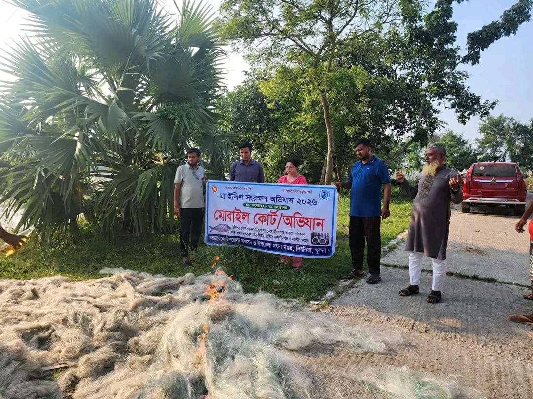 দিঘলিয়ায় আতাই নদী থেকে বিপুল পরিমাণ অবৈধ জাল উদ্ধার